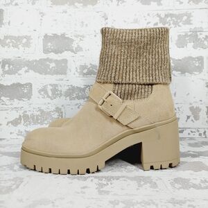 NEW Blondo Remi Waterproof Stretch Knit Lug Tan Suede Bootie W89